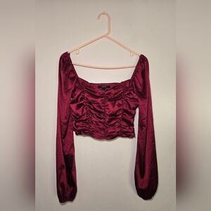 Forever 21 Burgundy Womens Long Sleeve Crop Satin Ruched Top Size Medium